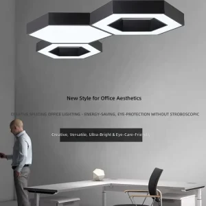 Hexagonal Aluminum LED Backlit Ceiling Panel Custom UV Printed Stretch Fabric Modern Office Commercial Grid Lighting