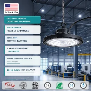 High Bay Light 250W 36000Lm 120-277VAC 5′ Cord IP65 Sensor Control Dimmable Aluminum Construction Industrial for Warehouse