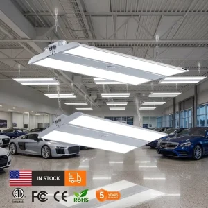 High Bright 3FT 300W Linear High Bay 45000lm 3CCT 0 10V Dim Tilt Adjustable Hanging Light for Warehouse Workshop Shop Lighting