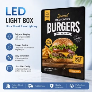 High Bright Rectangle Pull Slide LED Slim Light Box Aluminum Alloy Frame Tempered Glass Ultra Thin for Mall Restaurant Indoor