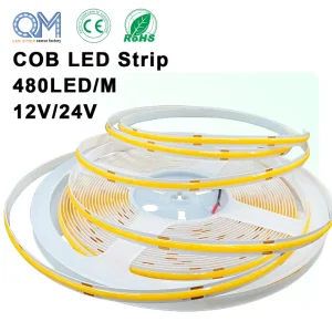 High Brightness COB LED Strip Light 12V 24V 8mm 480LEDs/m 6000K Cool White Flexible Ribbon