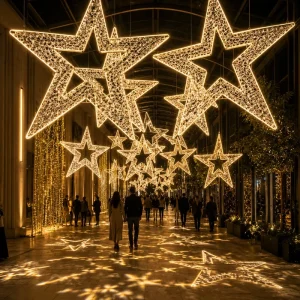 High Brightness Warm White Wire Mesh 3D Star for Shopping Center Corridor Entrance Hanging Star Motif Light