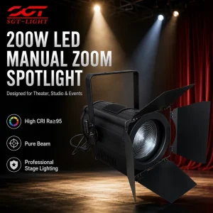 High CRI 200W LED Spotlight Manual Focus Copper Cooling LCD Display 2CH 4CH Optional Stage Light Fixture for Wedding Event Hall
