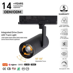 High CRI LED Track Light 10-55° Adjustable Beam Angle Zoomable Spot for Art Museum Gallery Exhibition Commercial Use