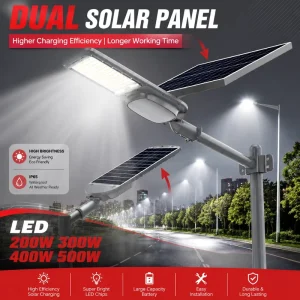 High Efficiency 200W 300W 400W 500W Commercial Split Solar Street Light 2 Solar Panels Die casting Aluminum IP66