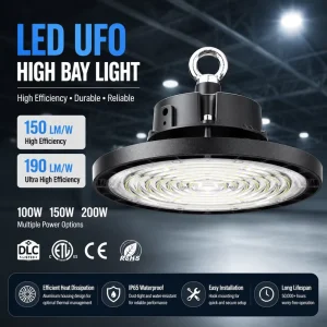 High Efficiency UFO LED High Bay Light 100W 200W 0 10V Dimmable Flicker Free Aluminum Housing IP65 Commercial Warehouse Lamp