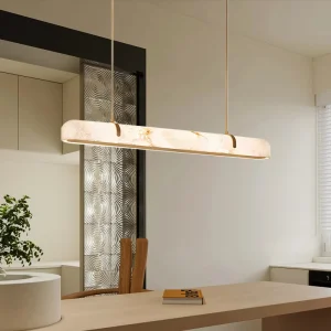 High End Long Linear Natural Alabaster Metal Chandelier Modern Pendant Light for Dining Table Bar Villa and Hotel Engineering