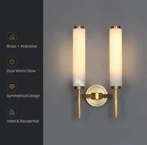 High End Natural Stone Dual Head Luminaire Solid Copper Finish LED Wall Sconce Nordic Cylindrical Alabaster Light for Villa