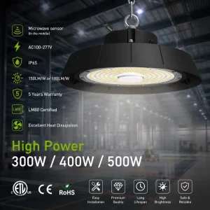 High Lumen UFO LED High Bay Light 300W 400W 500W 150lm W for Warehouse Factory Industrial Ceiling Lighting ETL Listed