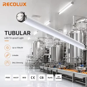 High Pressure Washdown LED Light IP69K Tubular Tri proof Luminaire for Food Processing and Cleaning Areas