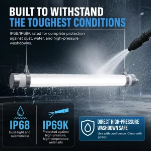 High Quality Led Linear Tri proof Light 600mm 1200mm 1500mm Optional Garage Power Batten Lamp IP68 IP69K IK10