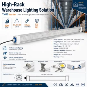 High Rack Warehouse LED Tri Proof Light IP65 Rated Multi Color Temp for Narrow Aisles Pallet Storage
