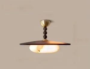 High-end Style Homestay Restaurant Ceiling Light Walnut Solid Wood Antique Style Imitation Marble Pendant Light
