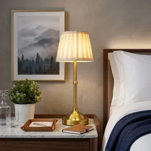 Hospitality Dining Cordless Dimmable Rechargeable Pleated Fabric Shade Table Lamp Brass