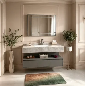 Hotel Apartment Project Wall mounted Fashion Bathroom Vanity Wooden Bathroom Cabinet with Integrated Ceramic Sink OEM ODM
