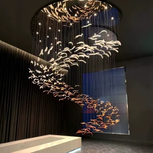 Hotel Custom Modern Glass Pendant Feather Chandelier Factory Art Hotel Lobby Crystal Pendant Lamp Crystal Led Stairs Lights