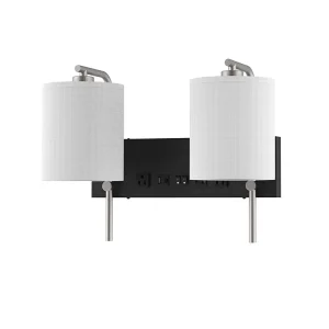 Hotel Grade Hospitality Projects Guest Room Bathroom 2 Light Wall Sconce Lamp with USB Outlets & Fabric Lampshade