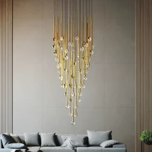 Hotel Lobby Gold Glass Drops Wedding LED Ceiling Light Bar Long Pendant Lights Crystal Staircase Chandeliers