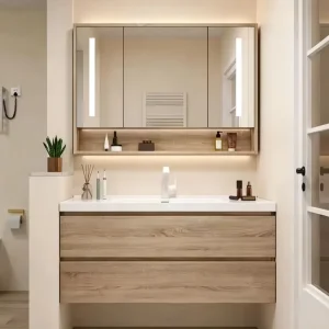Hotel Project Multi layer Solid Wood Bathroom Vanity Cabinet Durable Moistureproof Wooden Bathroom Furniture Factory Direct