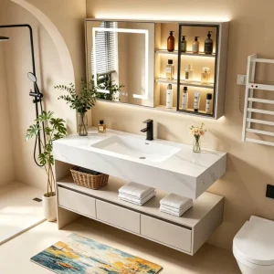 Hotel Project Wall Hung Floating Vanity Rock Slab Integrated Washbasin Anti fog LED Mirror Custom Color Bulk Supply OEM ODM