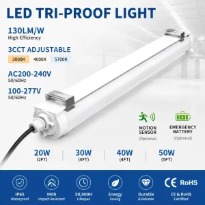IK08 Impact Resistant CE RoHS LED Tri-proof Linear Light Polycarbonate Cover for Dustproof Moisture Proof Industrial Lighting