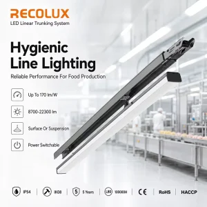 IP54 HACCP LED Linear Trunking System 170lm W Continuous Row Lighting with DALI2 Emergency for Food Factory