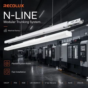 IP54 IK08 LED Modular Linear Trunking System Aluminum Construction 5 Year Warranty DALI Dimmable Industrial Lighting Machine CRI