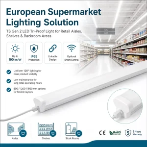 IP65 Linkable LED Tri Proof Light 190LM W 10W 20W 30W 3 Year Warranty For European Supermarket Aisle Shelf Lighting