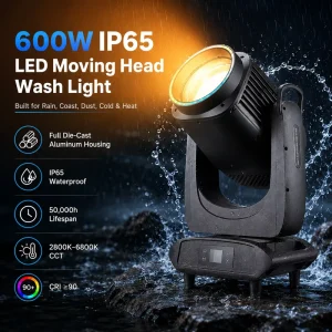 IP65 Outdoor 600W LED Moving Head Wash Light with CTO Zoom High CRI for Concert Stage Event Lighting