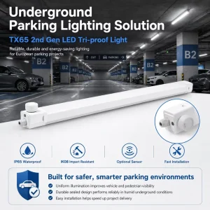 IP65 Waterproof IK08 LED Tri-proof Light Linkable Sensor Ready Vapor Tight Garage Fixture Solution
