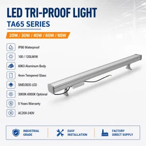 IP66 Waterproof 20W 80W LED Linear Tri Proof Light Industrial Lighting For Dock Tunnel Ship Warehouse 3 12m Space Sensor