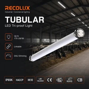 IP69K Low Voltage Tri Proof Light Waterproof LED Tube Light PC Housing Tubular Luminaire for Cow Farm Warehouse