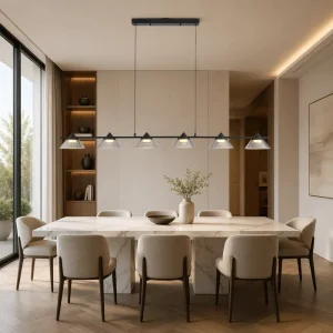 Iconic Black Linear Pendant Light 6 Cone Ribbed Glass Warm Glow Modern Living Dining Bespoke Stately Noble Artwork Piece Lamp