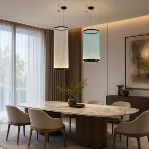 Impressive Pleated Fabric Pendant Cylinder Cone Off White Mint Dark Warm Glow Aluminum Black Ring Bespoke Stately Noble Artwork