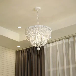 Indoor Boho Handmade Decorative Wood Pendant Light White Wood Beaded Chandelier