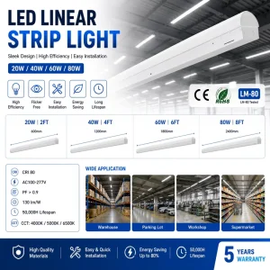 Indoor Lighting High Brightness 130lm W 2FT 4FT 5FT 8FT 20W 80W LED Linear Strip Light for Warehouse IP44 5 Year Warranty