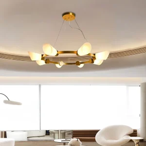 Indoor Luxury Decorative Chandelier Lighting Alabaster Stone Trumpets Lampshade Hanging Pendant Light