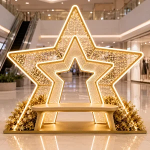 Indoor Shopping Mall Metal Frame PVC String Light CE UL Luxury Gold 3D Star Motif Light with Bench