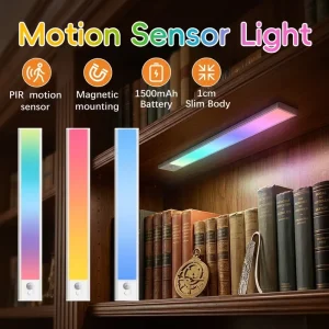 Indoor USB Rechargeable Motion Sensor Under Cabinet Lights Dimmable Brightness Led Motion Activated Lamp for Bookshelf Hallway