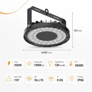 Industrial 100W Minus 40 to 100 C 13000 lm 130 lm Per W SMD 3535 DOB Tempered Glass Instead of PC Lens IP66 LED High Bay Light