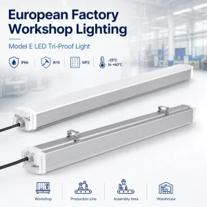 Industrial LED Tri-Proof Light for Workshops IP66 IK10 WF2 30W-100W Linear Light Emergency DALI Dimming 50,000 Hours Lifespan