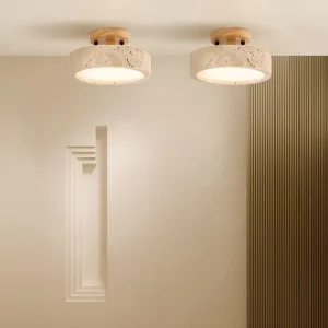 Interior Bathroom Aisle Balcony Cloakroom Light Luxury Round Marble Wood LED Home Travertine Decor Ceiling Lamp