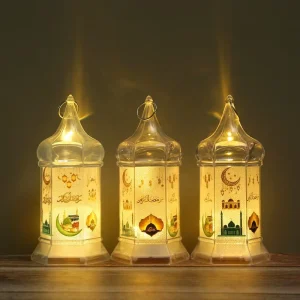Islamic Arabic Figurines Crafts Ramadan Lantern Decoration for Home Middle East Lanterns Electronic Candles Wind Lamps