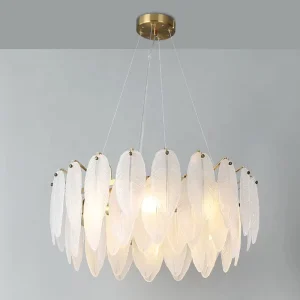 Italian Luxury Living Room Chandelier Light Round Metal Hanging Light Creative Feather Glass Pendant Light