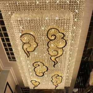 JYLIGHTING Auspicious Cloud Shape Customized Bespoke Flush Iridescent Crystal Ball Huge Rectangular Hotel Lobby Chandelier