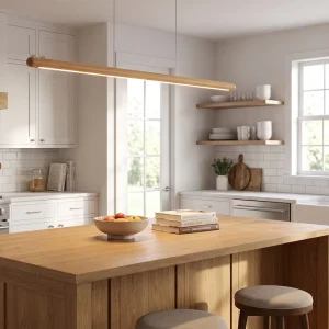 Japandi Light Oak Wood Liner Ceiling Lights 150cm Round Bar Design Dimmable LED Entryway Pendant Lighting