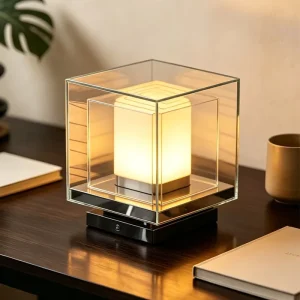 Japandi Rice Paper Cube Table Lamp Clear Acrylic Outer Shell Touch Dimmer LED Tri Color Warm Bedside Bedroom Hotel Study