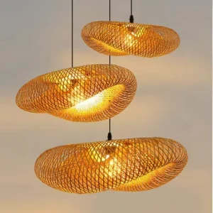 Japanese Wabi Sabi Style Bamboo Woven Straw Hat Pendant Light Chandeliers LED Adjustable Height Middle Living Room E27 Bulb Base