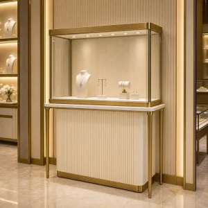 Jewelry Display Cabinet Gold Stainless Steel Tempered Glass LED Lighting for High end Jewelry Store