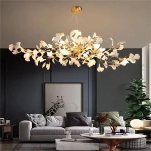 L39.4in Custom Copper Ceramic Ginkgo Chandelier Leaf Design Luxury Modern Pendant Lamp Villa Living Dining High Ceiling Light